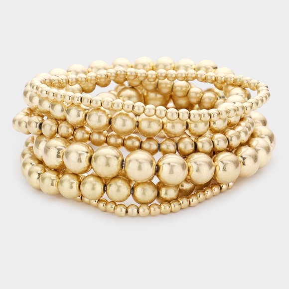 7 Pc Gold Stretch Mix Metal Chain Ball Bracelet - Picture 1 of 2